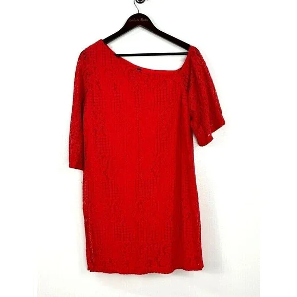 Laundry by Shelli Segal Womens Size M Red Lace Shift Dress Cocktail Evening E4 - Picture 2 of 11